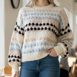 Crochet Stripe Bauble Pullover Sweater Cream Light Blue Chunky Spring Size S NWT